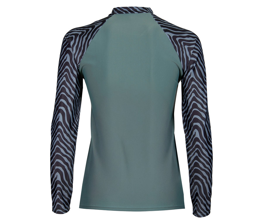 Rückansicht eines langärmeligen, enganliegenden Oberteils mit Zebramuster an den Ärmeln.