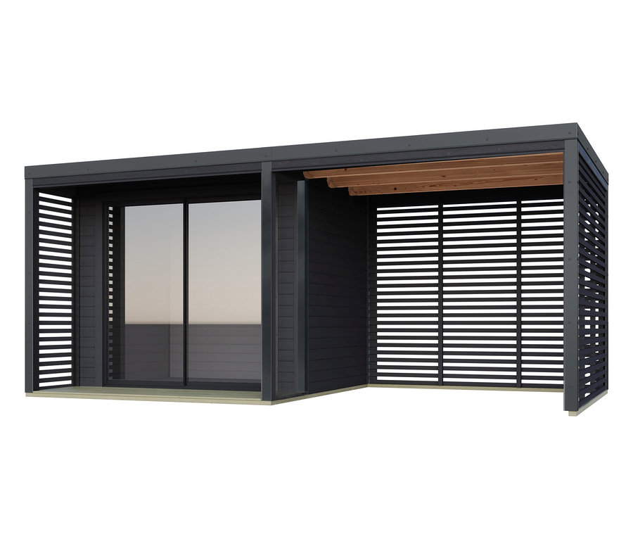 Dunkelgrauer Pavillon mit Schiebetür und Lamellenwand.