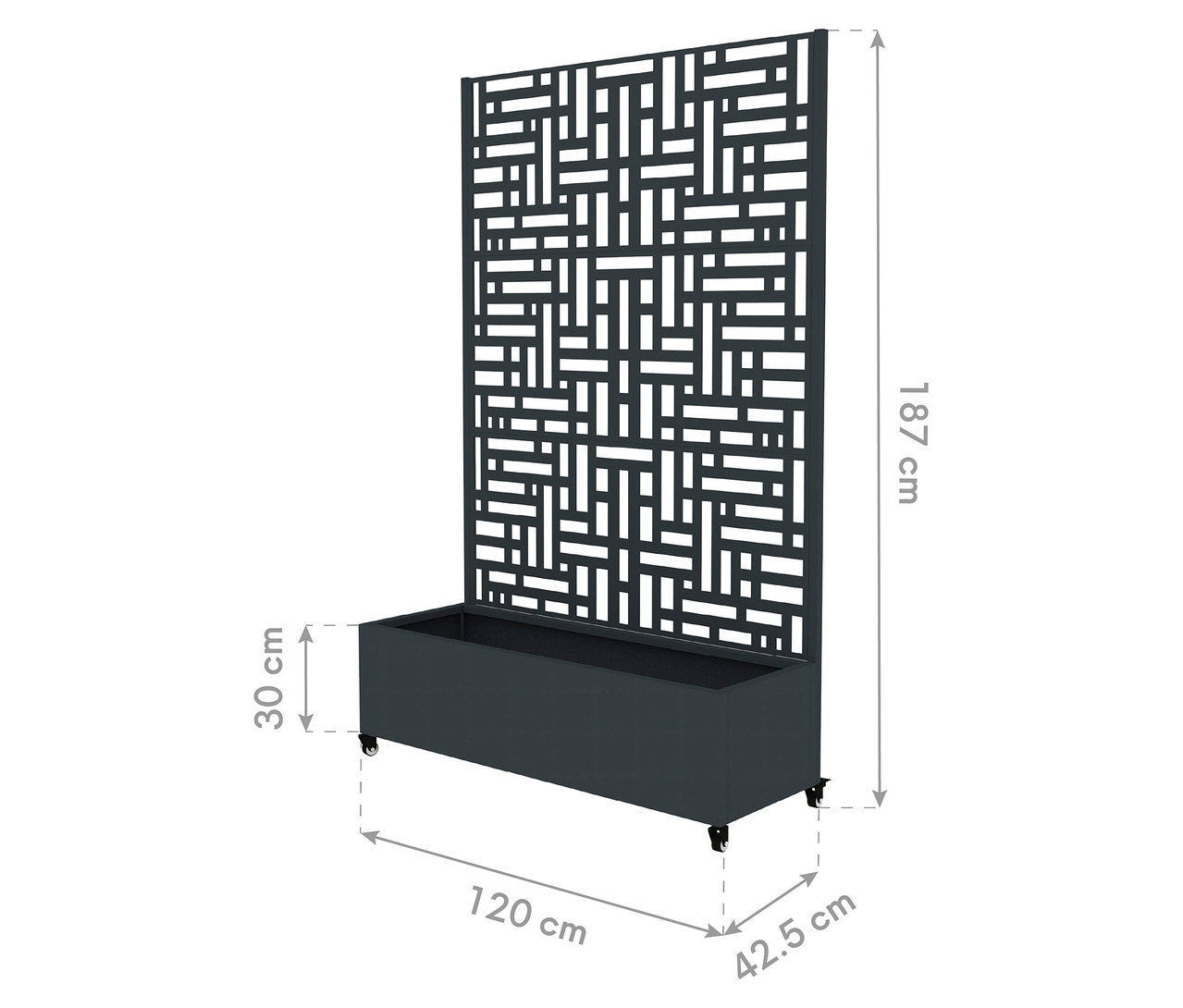 Sichtschutz mit Pflanzkasten mit Rollen, 120 x 187 x 42,5 cm.