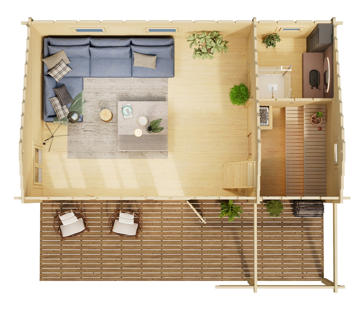 Draufsicht eines Holzhauses mit Wohnzimmer, Bad und Terrasse mit Gartenmöbeln.