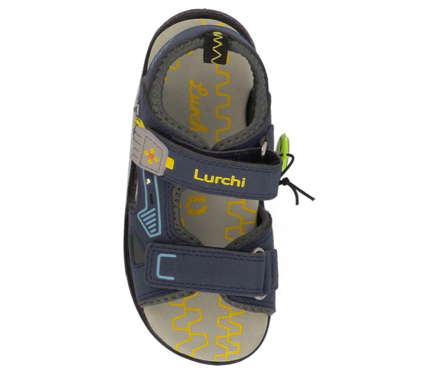 Marineblaue LURCHI Jungen-Sandale »Kodo« von oben, mit zwei Klettverschlüssen und gelben Mustern auf der grauen Innensohle.