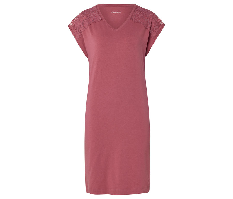 Ein rosafarbenes EVERY-BODY-Kleid mit V-Ausschnitt und Spitzenbesatz an den Schultern.