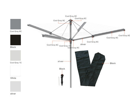 Ein Wäscheständer in Cool Grey 8C mit silbernen Akzenten, zusammen mit einer schwarzen Schutzhülle und einer Erdspieß-Befestigung, dargestellt vor Farbfeldern in Cool Grey 8C, Schwarz, Cool Grey 1C, Weiss und Silber.
