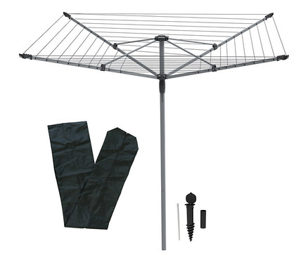 Ein grauer Wäscheständer mit Zubehör wie einer Hülle und einem Erdspieß.