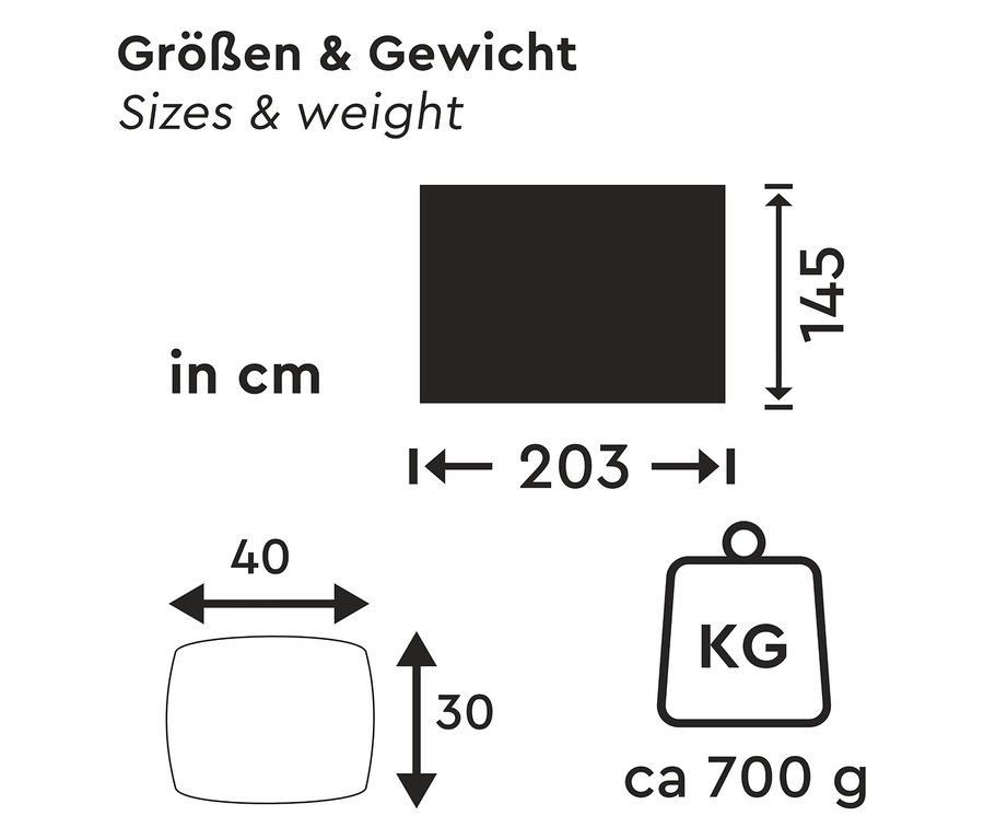 Abbildung der Größen und des Gewichts der Tambu Campingdecke »KAMBALA« in cm. Die Decke ist 203 x 145 cm groß und wiegt ca. 700 g.