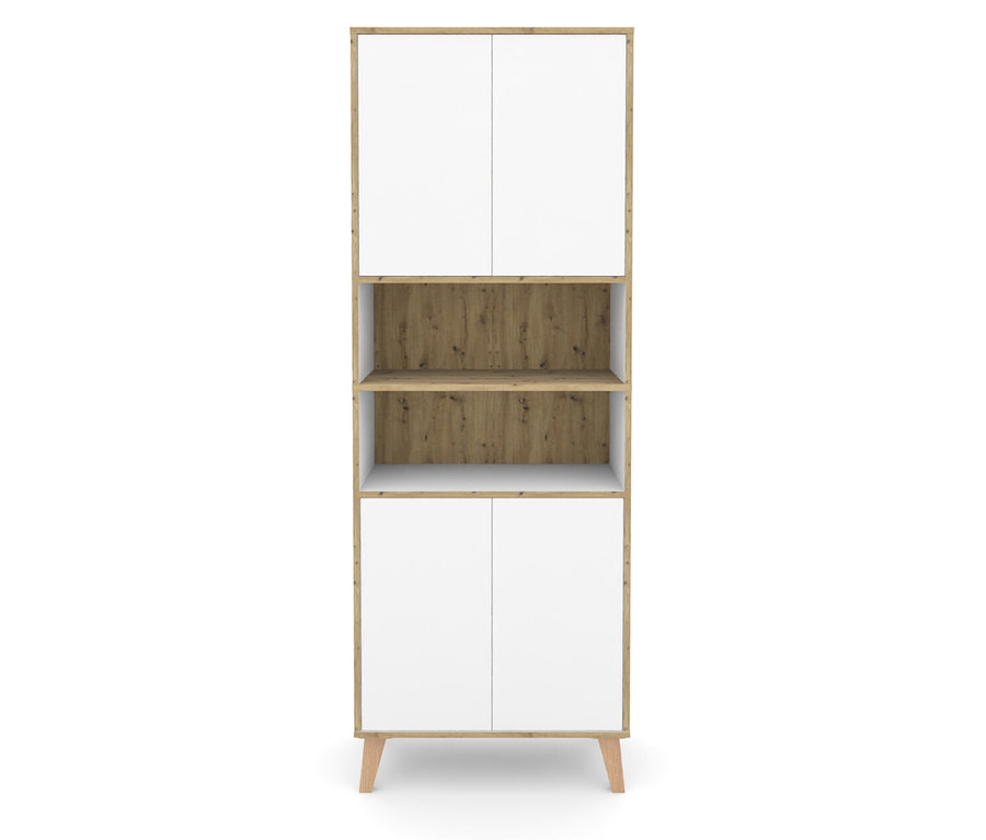 Ein hoher Schrank mit zwei weißen Türen oben und unten, dazwischen zwei offene Regale mit Holzrückwand.