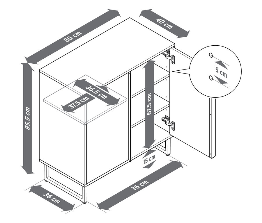 Abbildung einer Kommode »LEEG« mit 2 Türen und Maßangaben.