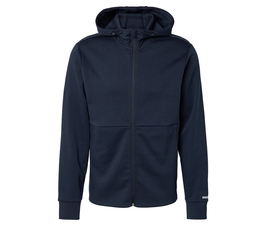 Marineblaue Kapuzenjacke mit Reißverschluss.