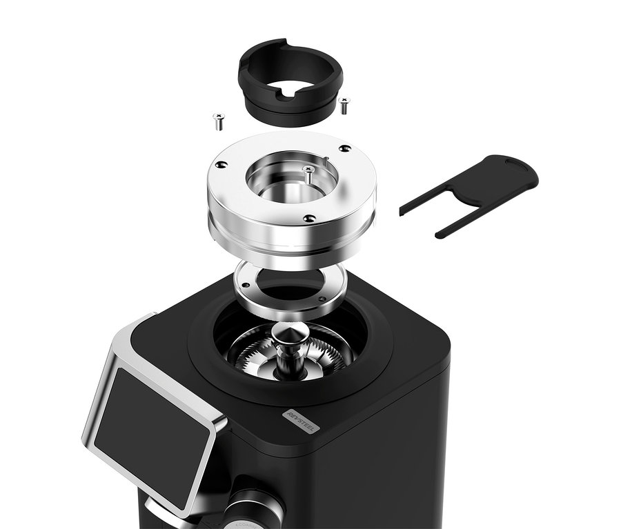 Explosionszeichnung einer schwarzen Kaffeemühle mit verschiedenen abgenommenen Teilen, wie z. B. einer schwarzen Gummidichtung, einem silbernen Mahlwerk und einem schwarzen Werkzeug.