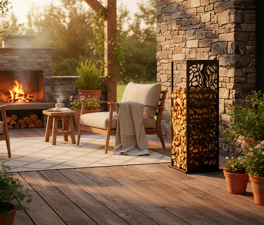 Feuer brennt in einem Kamin auf einer Terrasse mit Stühlen, Tisch und einem Holzregal.