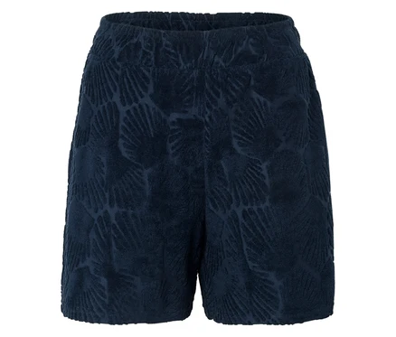 Nahaufnahme von marineblauen Shorts mit elastischem Bund und einem Palmenmuster.