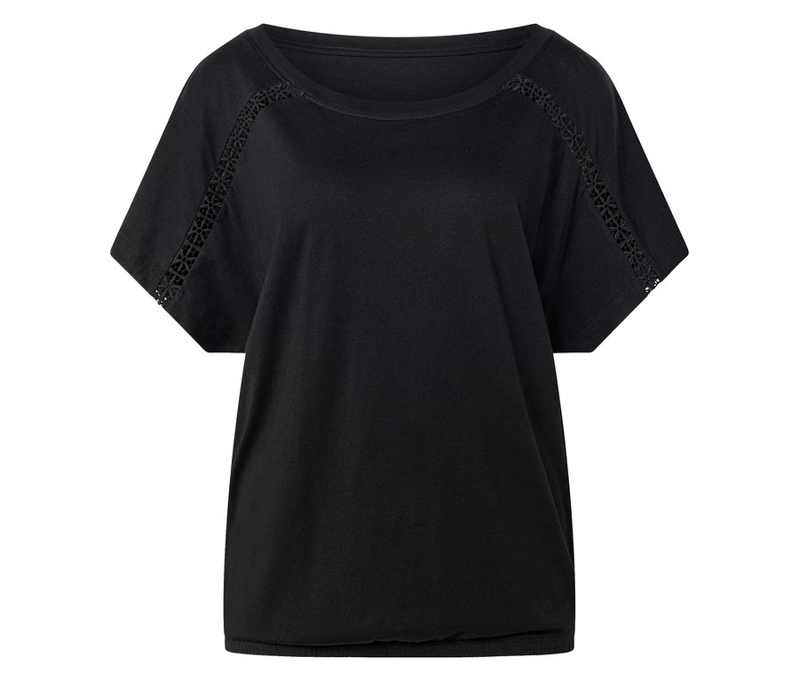 Schwarzes T-Shirt mit kurzen Ärmeln und Lochmuster entlang der Schultern.