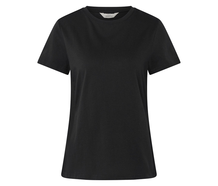 Schwarzes T-Shirt mit kurzen Ärmeln.