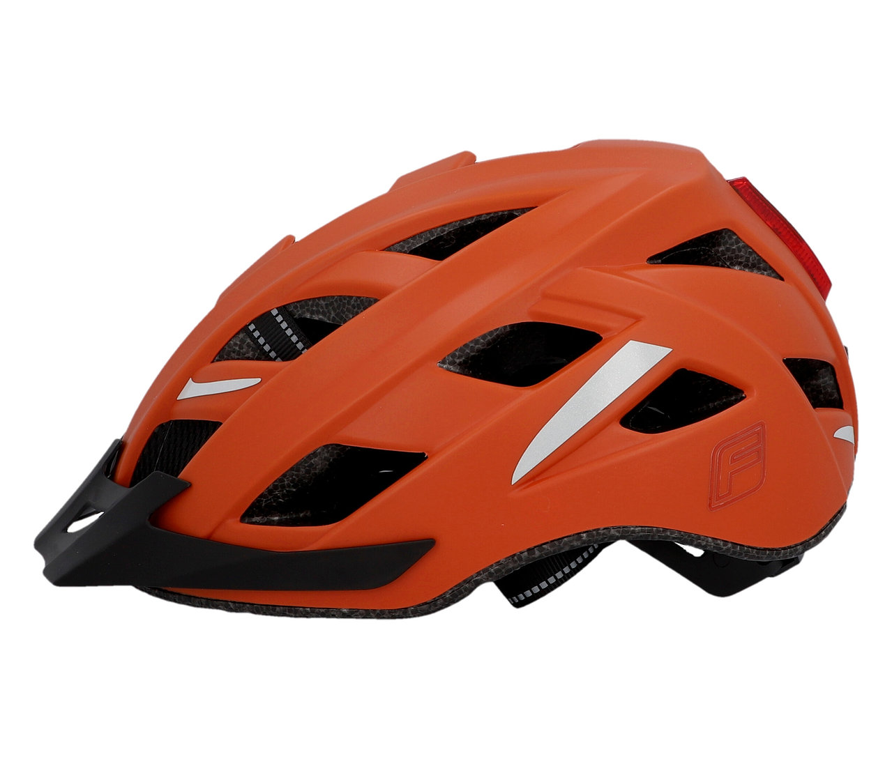 Oranger FISCHER Fahrradhelm Urban PLUS Miami mit schwarzem Visier und silbernen Reflektoren.