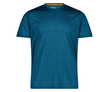 Das blaue CMP Herren-T-Shirt aus Piquéstrick liegt auf einem weißen Hintergrund.