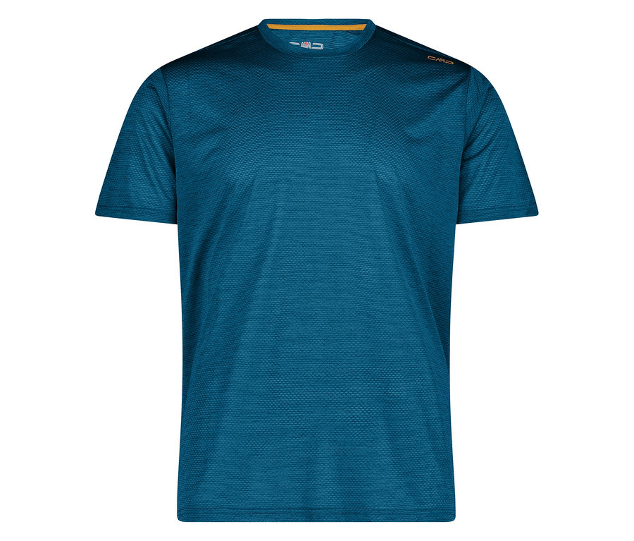 Das blaue CMP Herren-T-Shirt aus Piquéstrick liegt auf einem weißen Hintergrund.