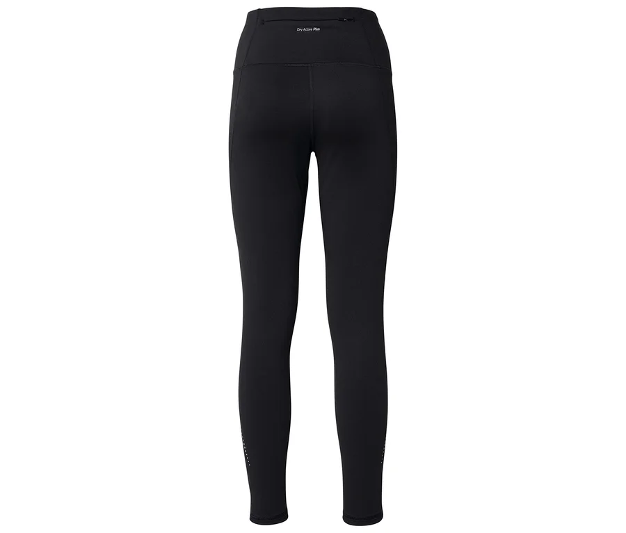 Schwarze, lange Leggings mit hohem Bund und reflektierenden Details an den Knöcheln von hinten.