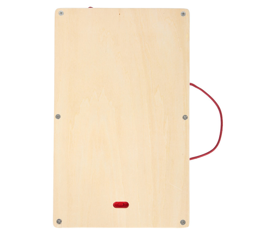 Draufsicht auf die small foot LCD Schreibtafel »Educate« aus Holz mit roter Schlaufe und Knopf.