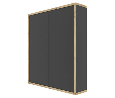 Dunkelgrauer Schrank mit Holzrahmen.