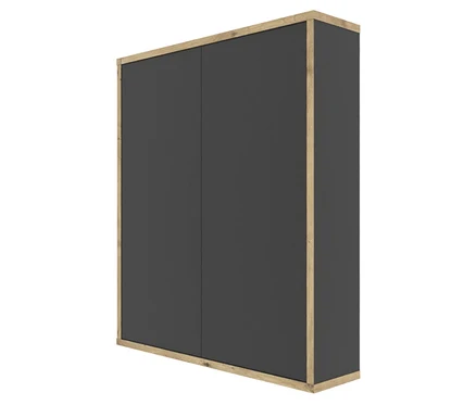 Dunkelgrauer Schrank mit Holzrahmen.