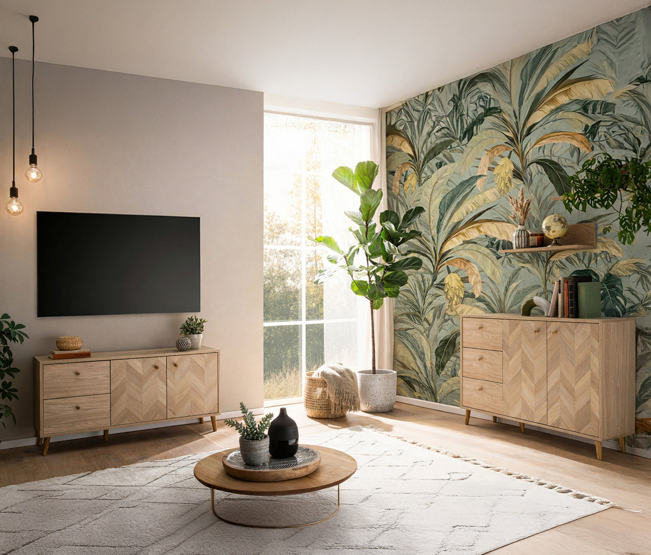 Wohnzimmer mit TV, Sideboards mit Fischgrätmuster, rundem Couchtisch und Zimmerpflanzen.