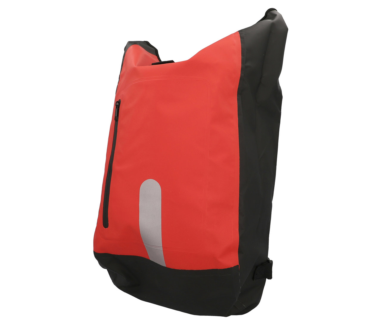 Die rote und schwarze FISCHER wasserdichte Gepäckträgertasche ist mit einem Reißverschluss und einem reflektierenden Streifen versehen.