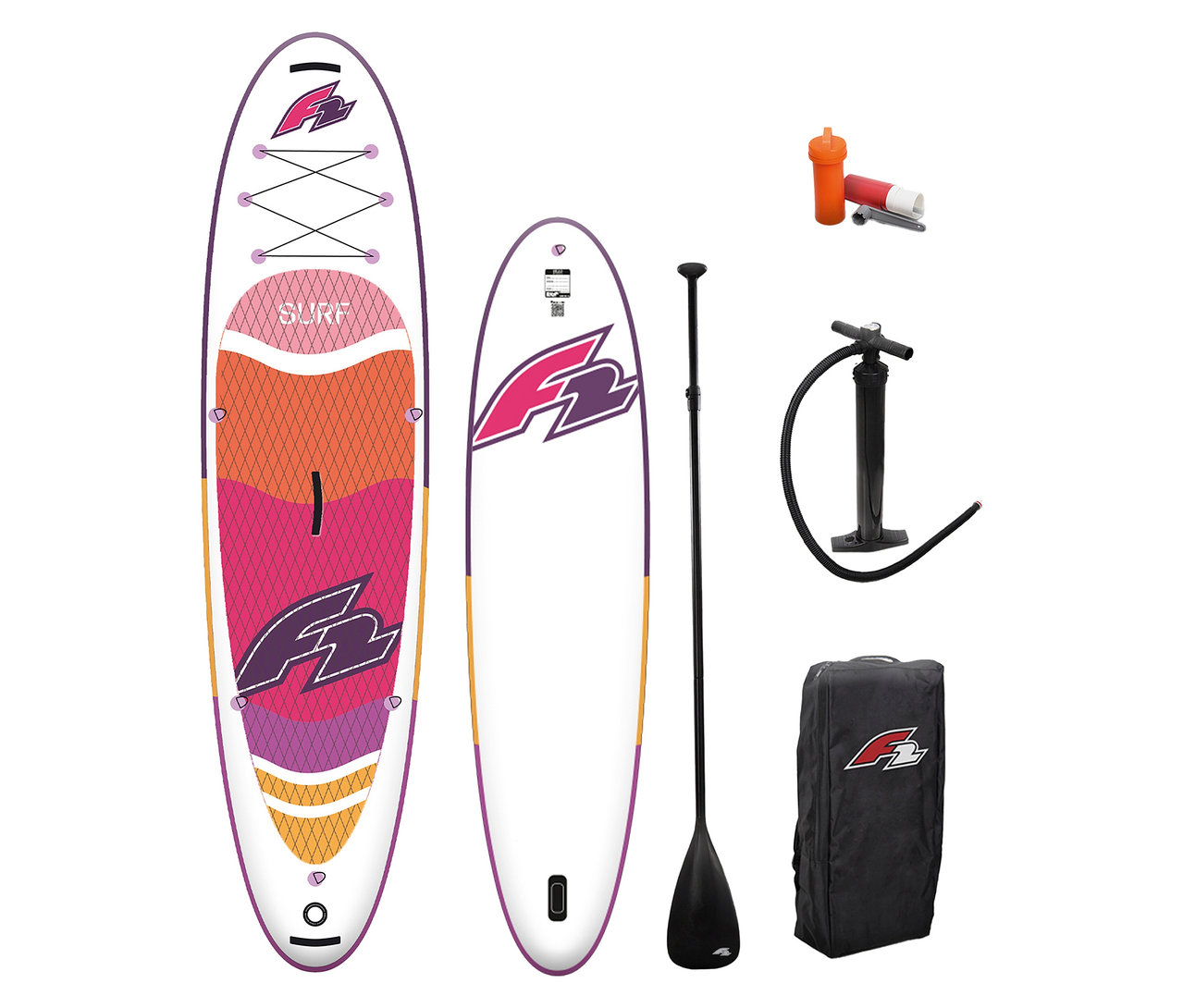 Zwei F2 SUP-Boards »Surf«, Paddel, Pumpe, Tasche und Zubehör liegen aufgereiht vor einem weißen Hintergrund.