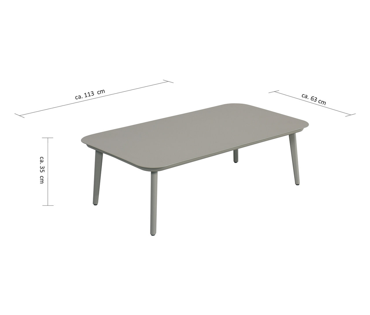 Grauer Leco Lounge-Set Tisch mit Maßen ca. 113 cm Länge, ca. 63 cm Breite und ca. 35 cm Höhe.