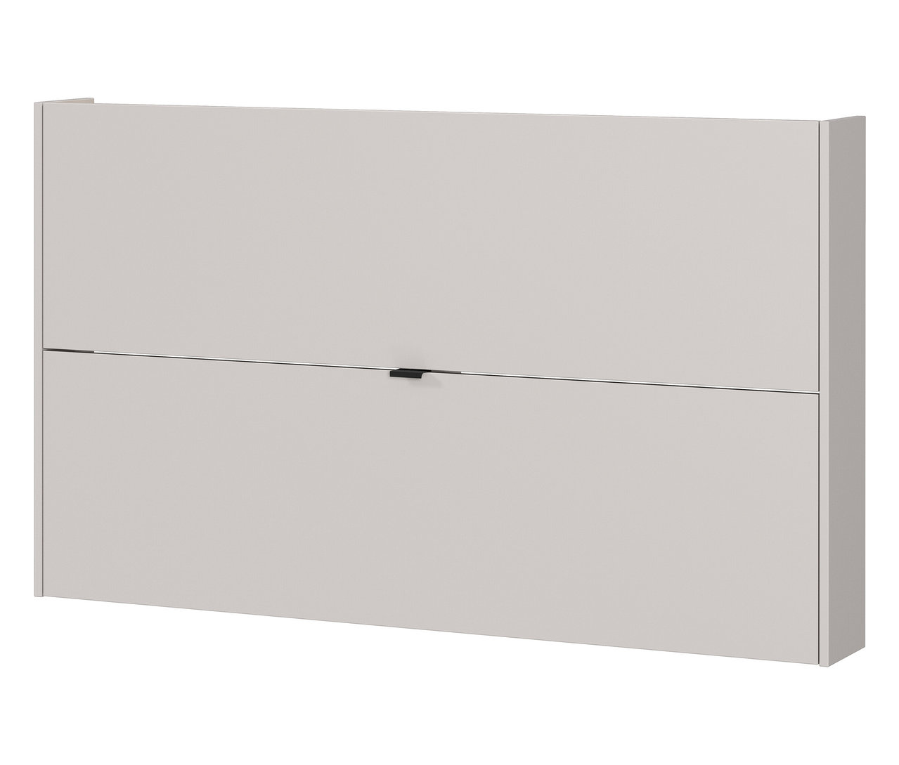 Grauer, an der Wand montierter Schuhschrank mit zwei Fächern und einem schwarzen Griff.