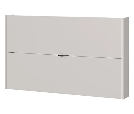Grauer, an der Wand montierter Schuhschrank mit zwei Fächern und einem schwarzen Griff.