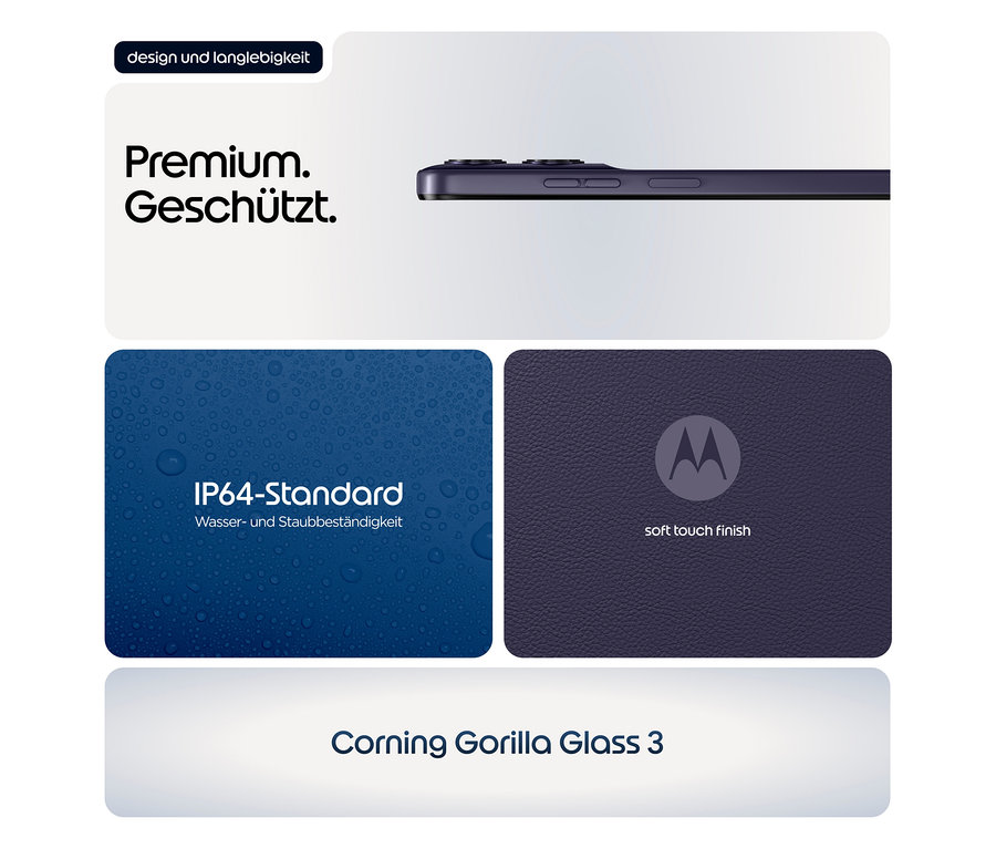 Detailansicht des Motorola moto g17 LTE 128GB in Evening Blue, mit Fokus auf Design, IP64-Standard und Corning Gorilla Glass 3.