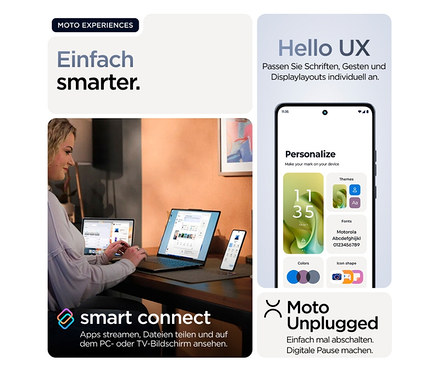 Frau tippt auf Laptop neben einem Motorola moto g86 5G 256 GB Spellbound und einem anderen Laptop.