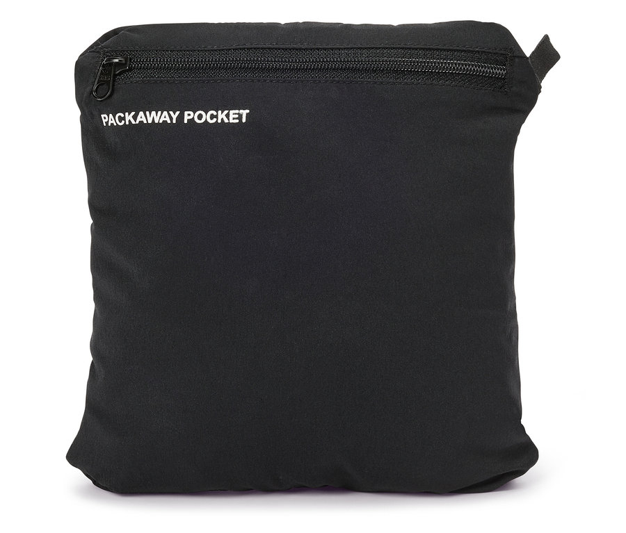 Schwarze rechteckige Packaway-Tasche mit Reißverschluss oben und dem Aufdruck „PACKAWAY POCKET“.