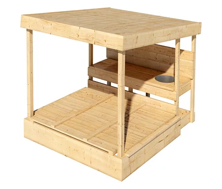 Holzsandkasten mit Überdachung, Sitzbank und integriertem Waschbecken.