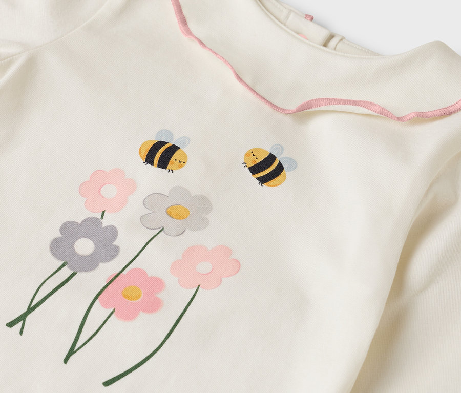 Detailansicht eines cremefarbenen Oberteils mit rosa Rüschenkragen, verziert mit Blumen- und Bienenmotiven.