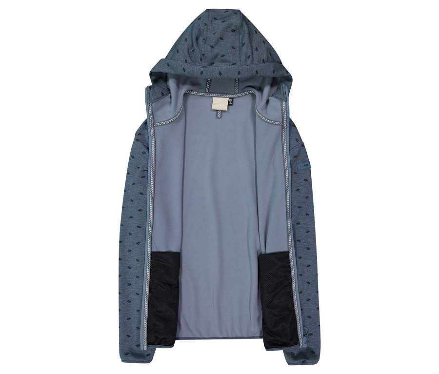 Geöffnete, blaue Kapuzenjacke mit dunklen Akzenten und Taschen.