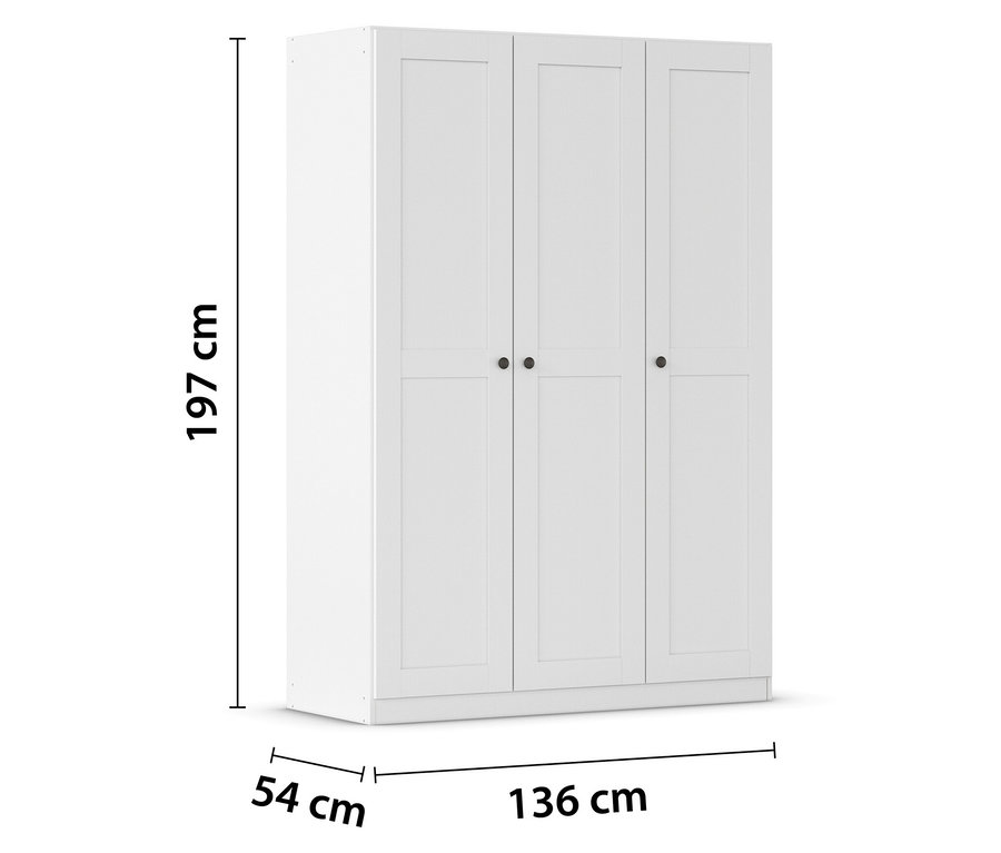 Weißer Kleiderschrank mit drei Türen, 197 cm hoch und 136 cm breit.