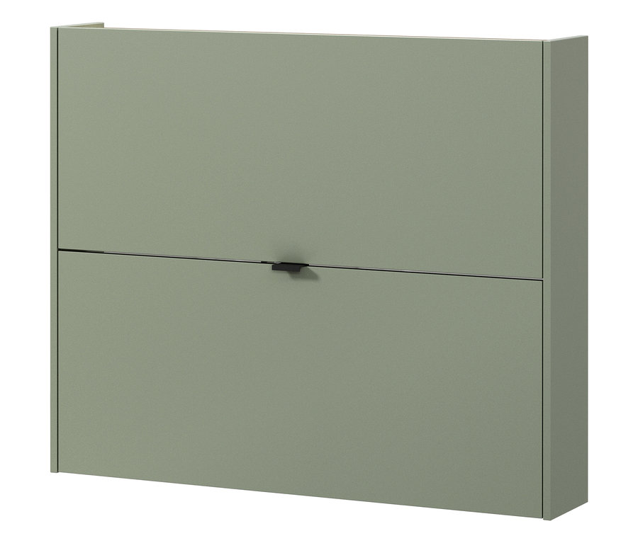 Ein grüner Schuhschrank mit zwei Fächern und einem schwarzen Griff ist an der Wand befestigt.