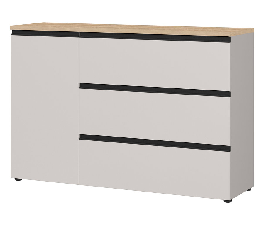 Die große Kommode »Cormano« in Weiß hat eine Holzplatte und drei Schubladen mit schwarzen Griffen.