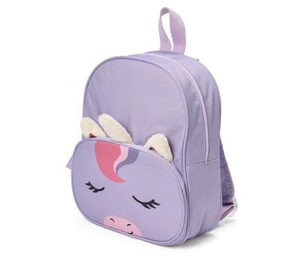Lila Kinderrucksack mit Einhorn-Gesicht auf der Vordertasche und flauschigen Ohren, die oben herausragen.
