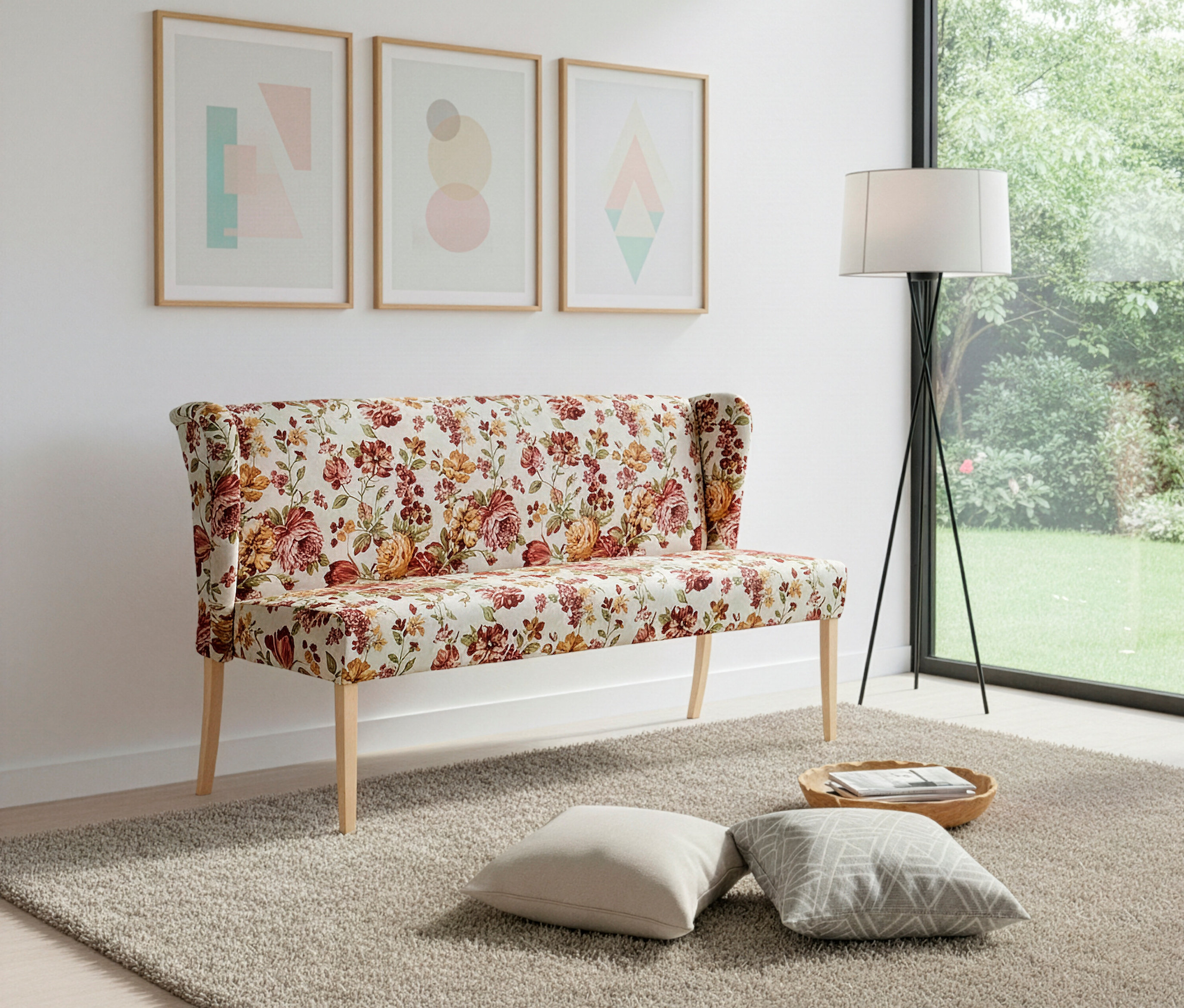Eine Polsterbank »Hendrick« mit floralem, beigen Muster steht im Raum.