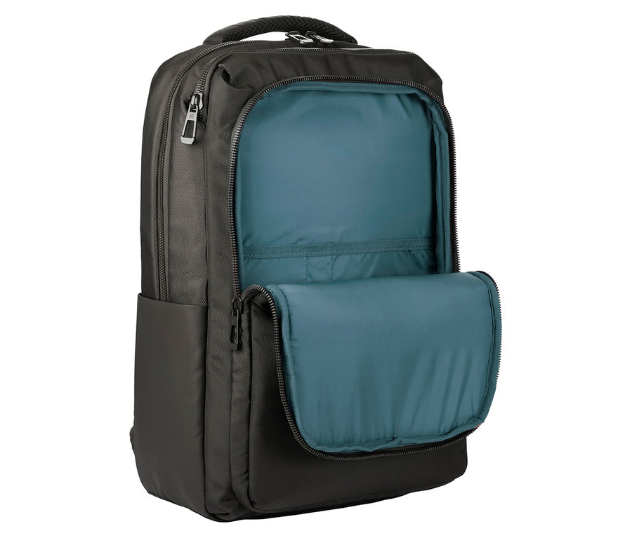 Nahaufnahme eines schwarzen Rucksacks mit offenem Hauptfach und einer zusätzlichen Reißverschlusstasche, beide mit türkisfarbenem Futter.