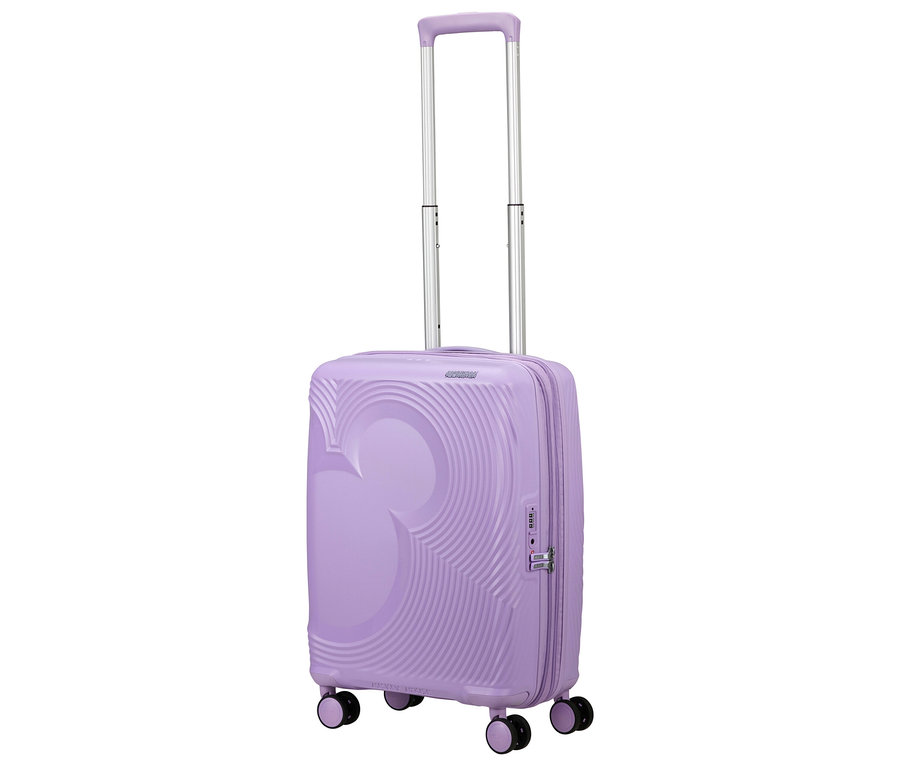 American Tourister Mickey Magic Trolley, lavendelfarben, mit ausziehbarem Griff und Rollen.