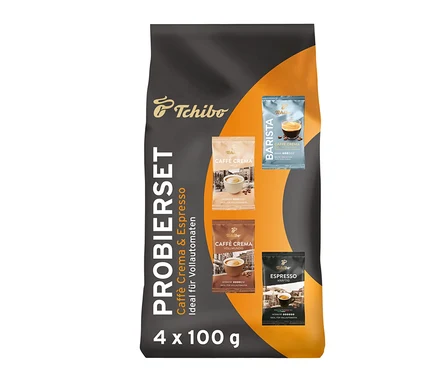 Eine Tchibo Caffè Crema & Espresso Probierset - 4x 100 g Ganze Bohne Packung.