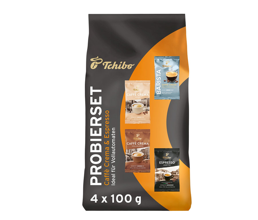 Eine Tchibo Caffè Crema & Espresso Probierset - 4x 100 g Ganze Bohne Packung.
