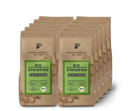 Zehn braune Packungen Bio Äthiopien - 10x 250 g Ganze Bohne Kaffee sind hintereinander gestapelt.