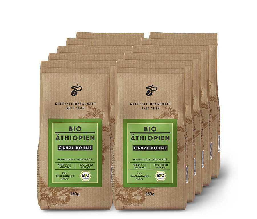 Zehn braune Packungen Bio Äthiopien - 10x 250 g Ganze Bohne Kaffee sind hintereinander gestapelt.