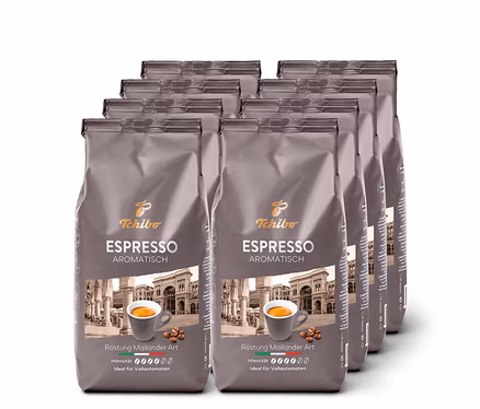 Acht Packungen Espresso Aromatisch - 8x 1 kg Ganze Bohne, in Reihen angeordnet.