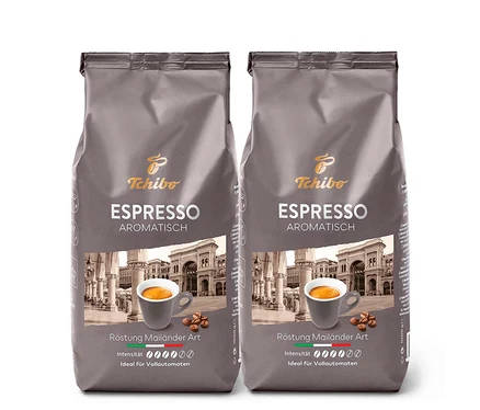 Zwei Packungen Espresso Aromatisch - 2x 1 kg Ganze Bohne nebeneinander.