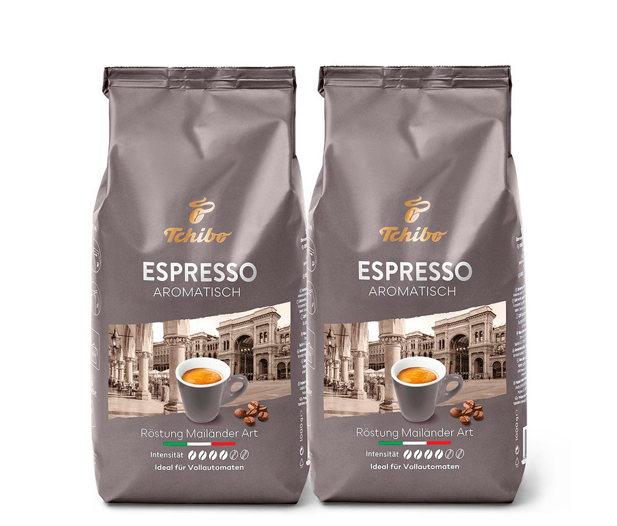 Zwei Packungen Espresso Aromatisch - 2x 1 kg Ganze Bohne nebeneinander.